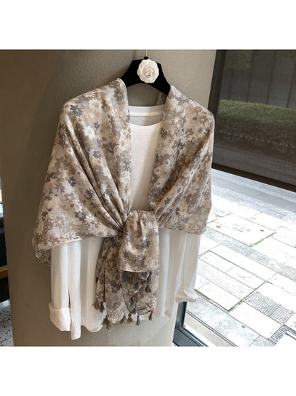 Scarvii - Khaki Floral Print Tassel Trim Long Scarf