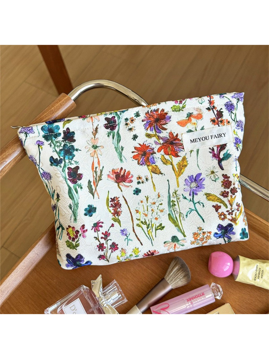Cosbai Wildflower Cosmetic Bag with floral pattern on a white background