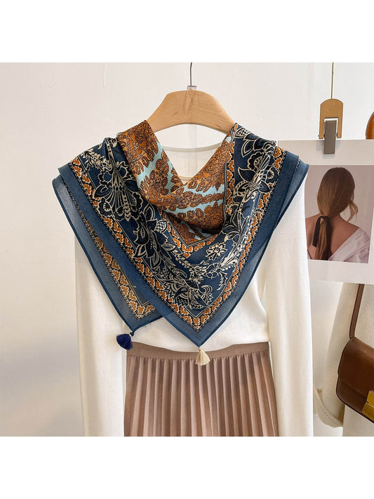 Scarvii - Navy Retro Floral Print Tassel Square Scarf