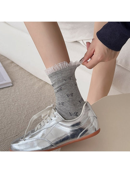 Rufia - Minimal Dog Pattern Ruffle Cuff Crew Socks