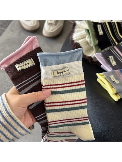Rufia - Letter Label Striped Casual Mid-Calf Socks