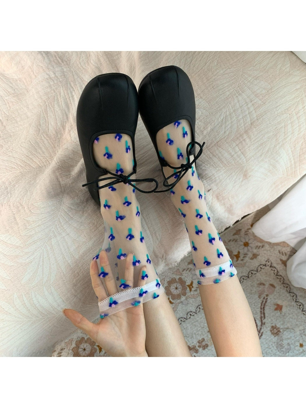 Rufia - Colorful Sheer Floral Stripe Crew Socks