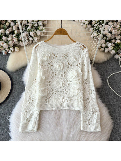 Crosa - Floral Hollow Out Round Neck Pullover