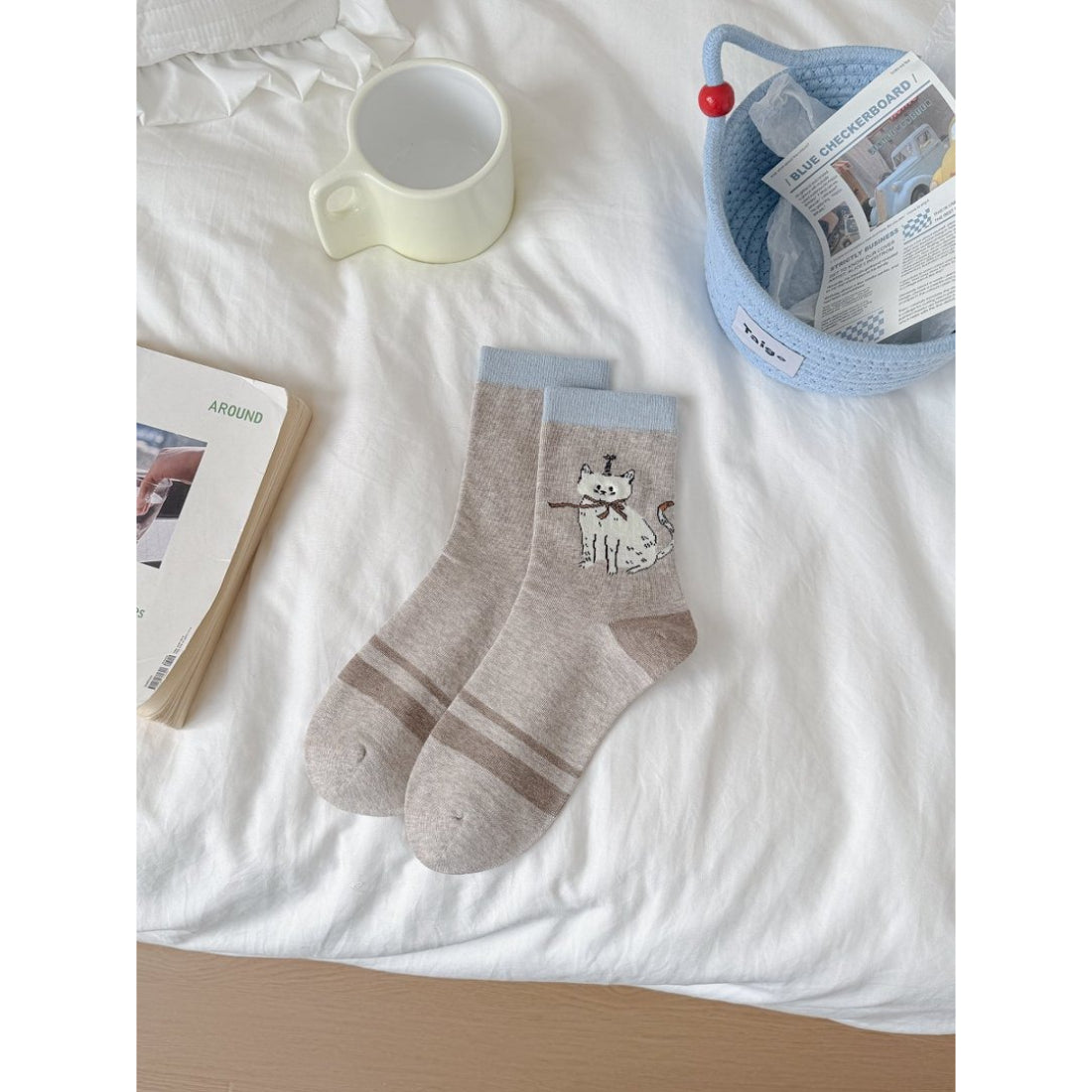 Rufia novelty cat knit crew socks with colorful stripes on cuff
