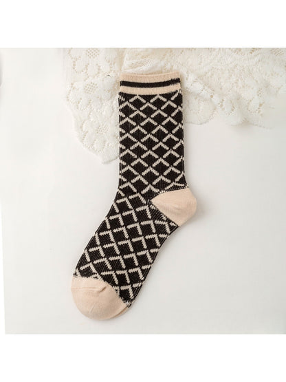 Rufia - Retro Khaki Geometric Pattern Crew Socks