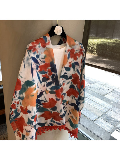 Scarvii - Floral Print Tassel Shawl Scarf