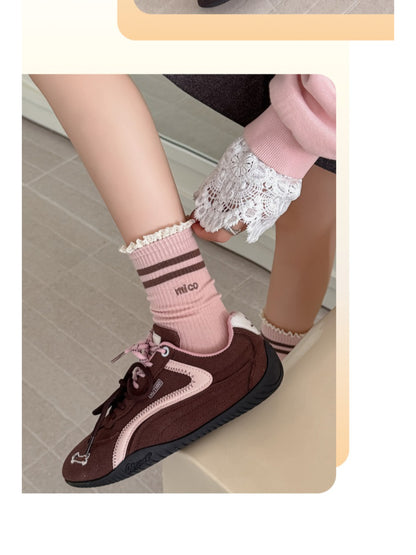 Rufia - Lace Trim Stripe Ribbed Crew Socks