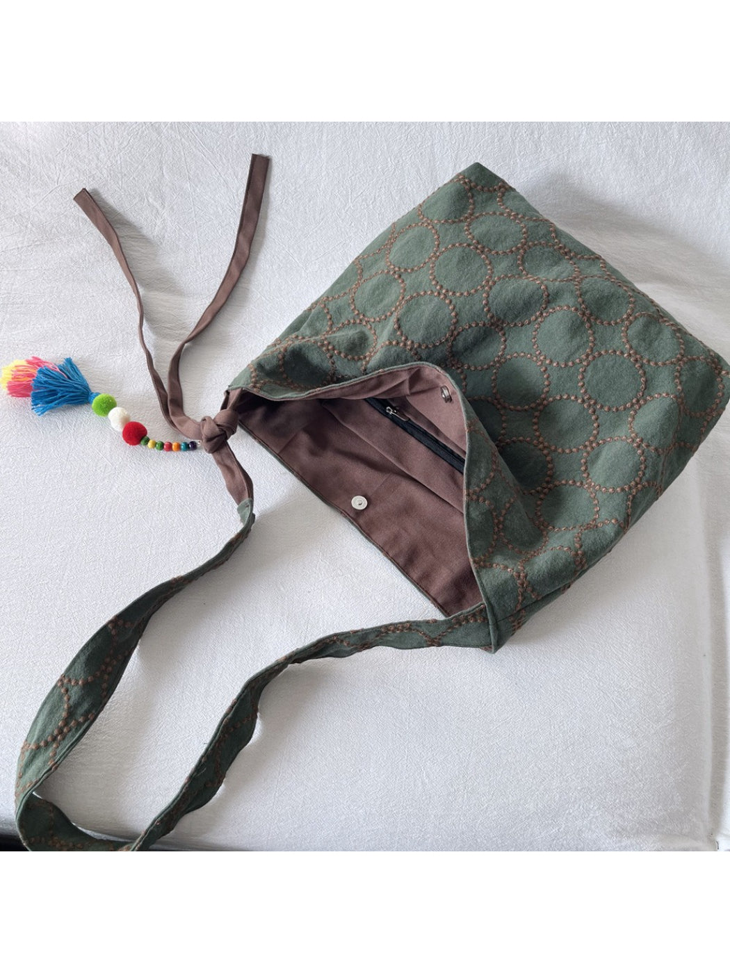 Close-up of Cosbai tote bag showing detailed textured circle pattern on fabric