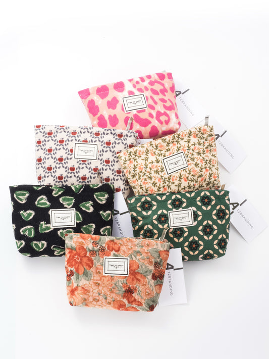 Cosbai - Corduroy Travel Cosmetic Pouch with Floral Patterns