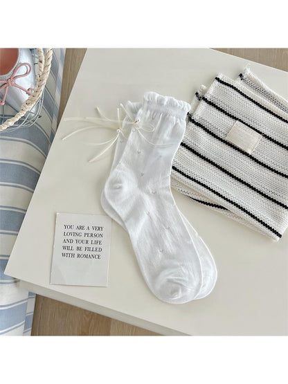 Rufia - Solid Color Heart Embossing Bow Crew Socks