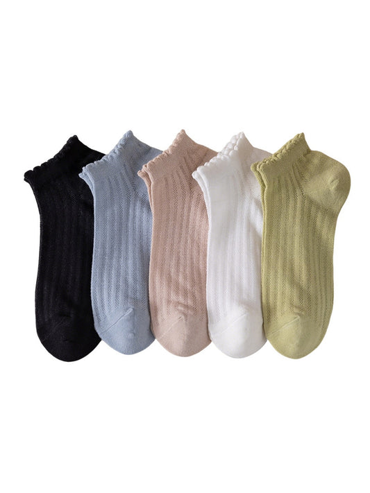 Rufia - Solid Color Ribbed Scalloped Cuffs Ankle Socks