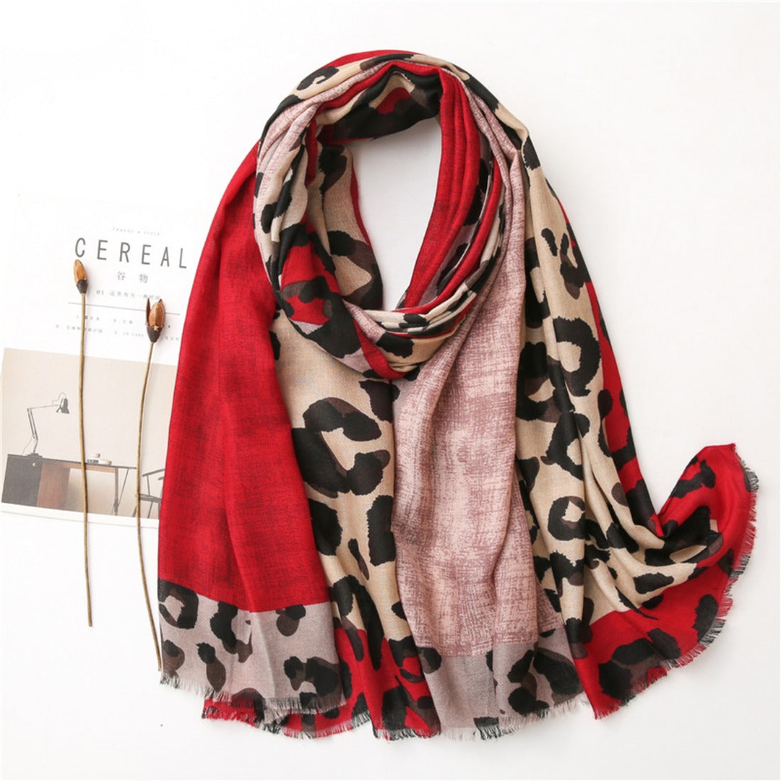 Scarvii - Colorblock Leopard Print Scarf