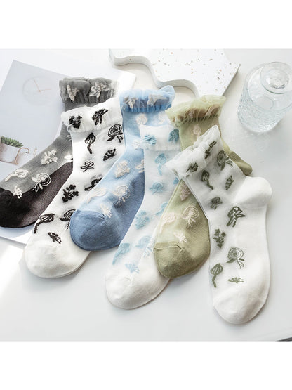Rufia - Ruffle Cuff Floral Crew Socks