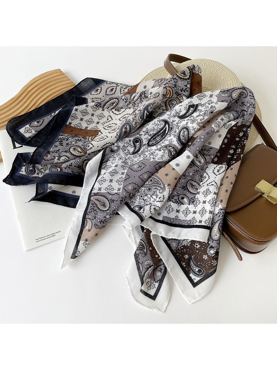 Scarvii - Paisley Print Color Block Square Scarf