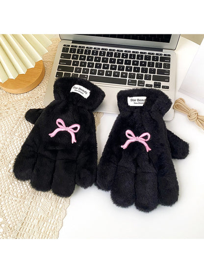 Gloving - Bow Embroidered Plush Winter Gloves