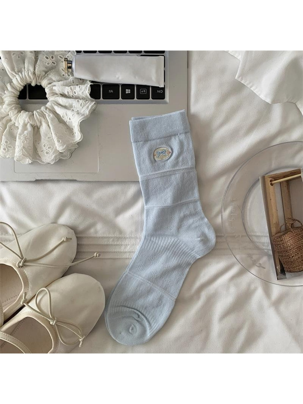 Rufia - Bow Embroidered Solid Color Crew Socks