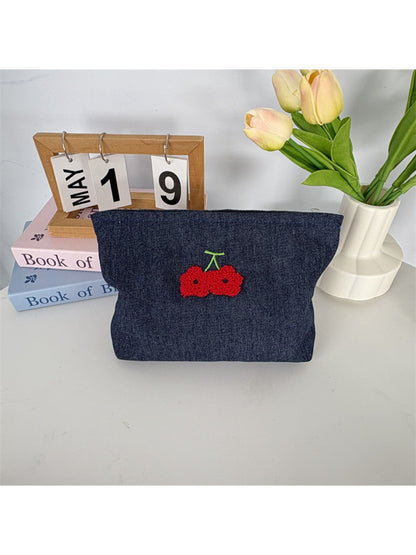 Cosbai – Denim Cherry Embroidered Mini Makeup Bag