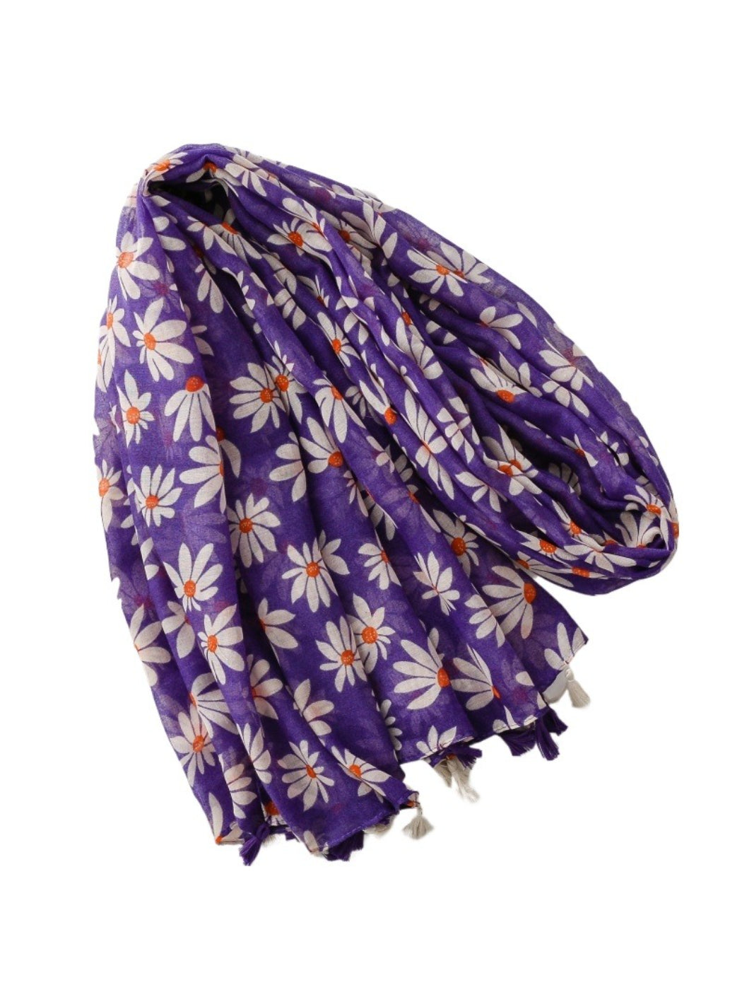 Scarvii wrap styled around neck with tassels hanging, displaying floral design