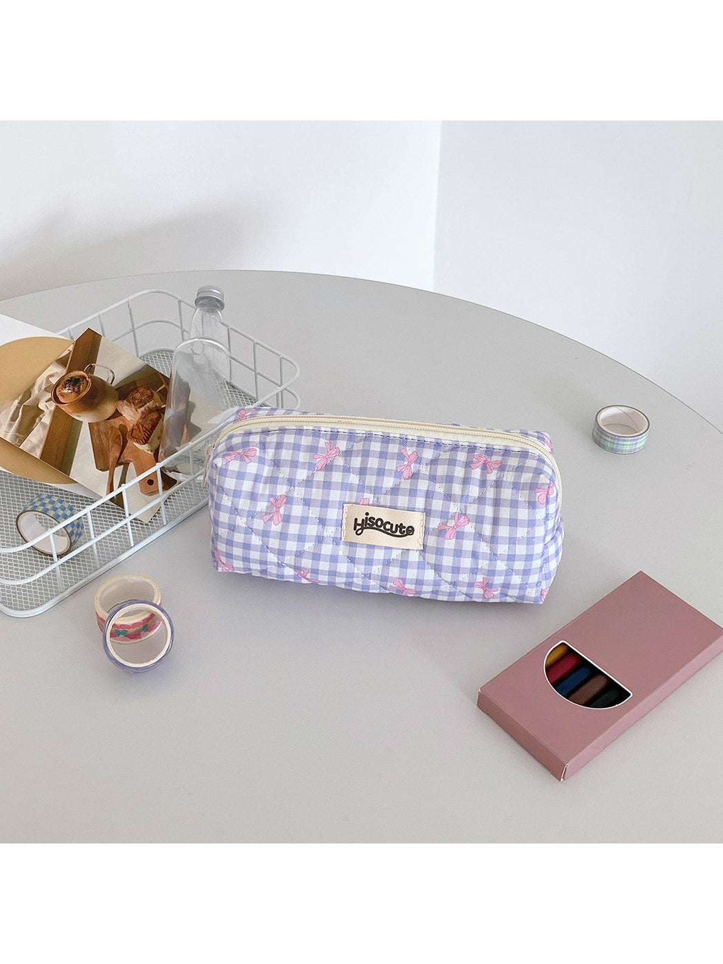 Cosbai - Plaid Bow Print Zipper Makeup Pouch Bag