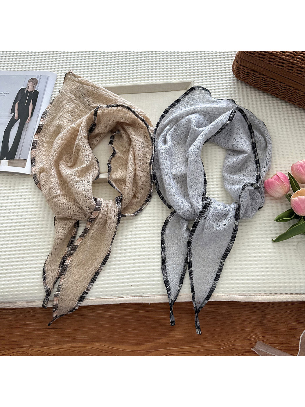 Scarvii - Open Knit Check Trim Triangle Scarf