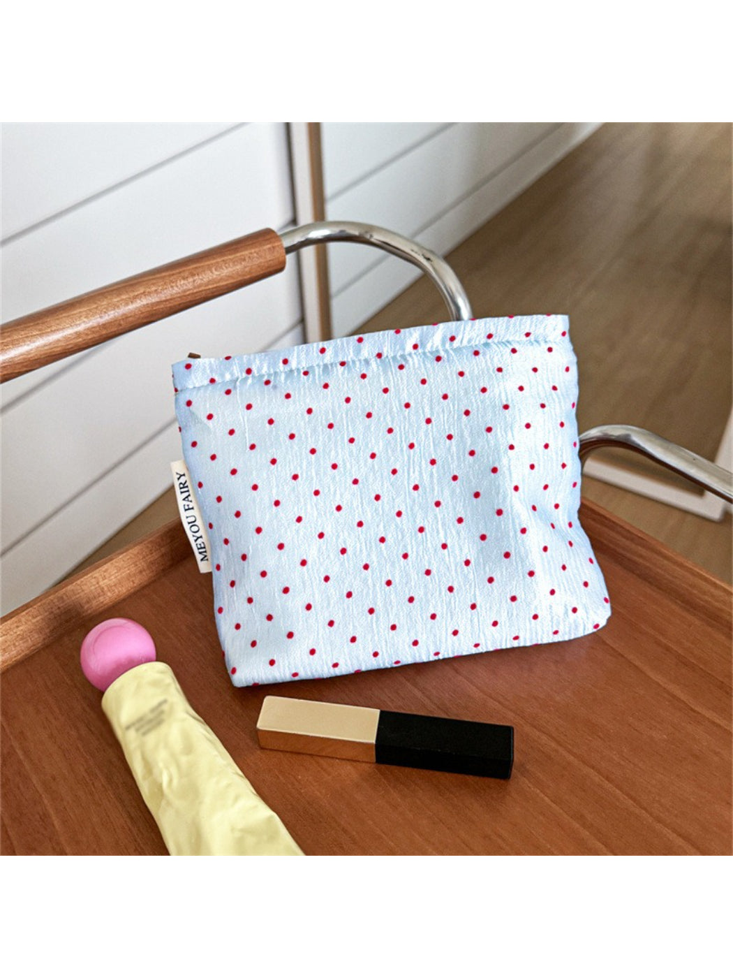 Cosbai Red Dot Cosmetic Bag close-up of fabric texture and red dot design