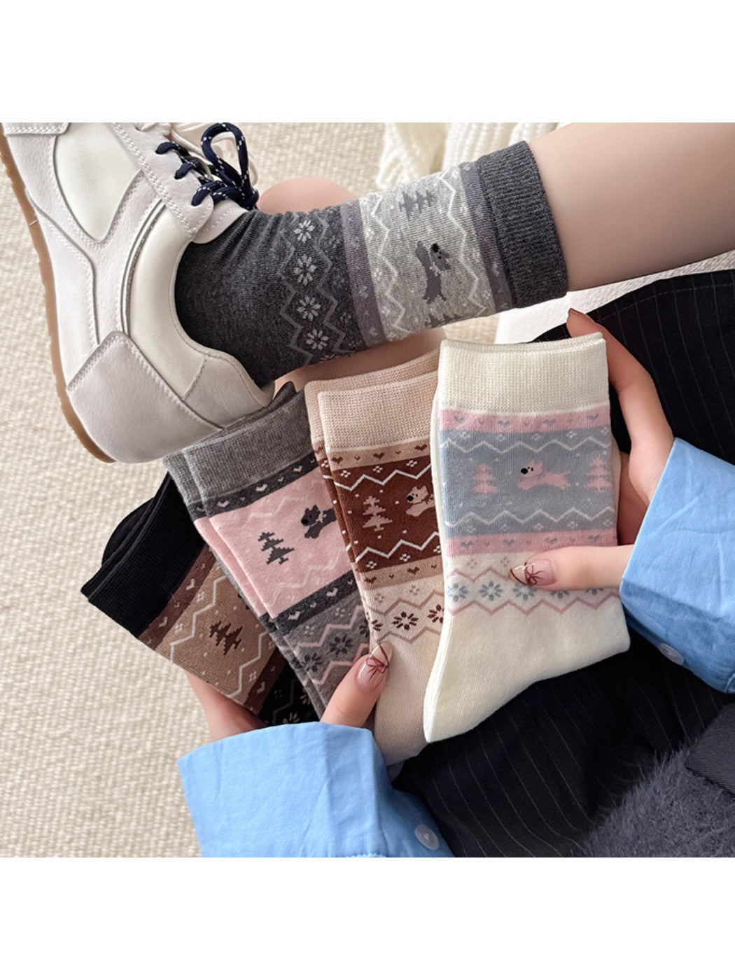 Rufia - Puppy Dog Pattern Cute Mid-Calf Socks