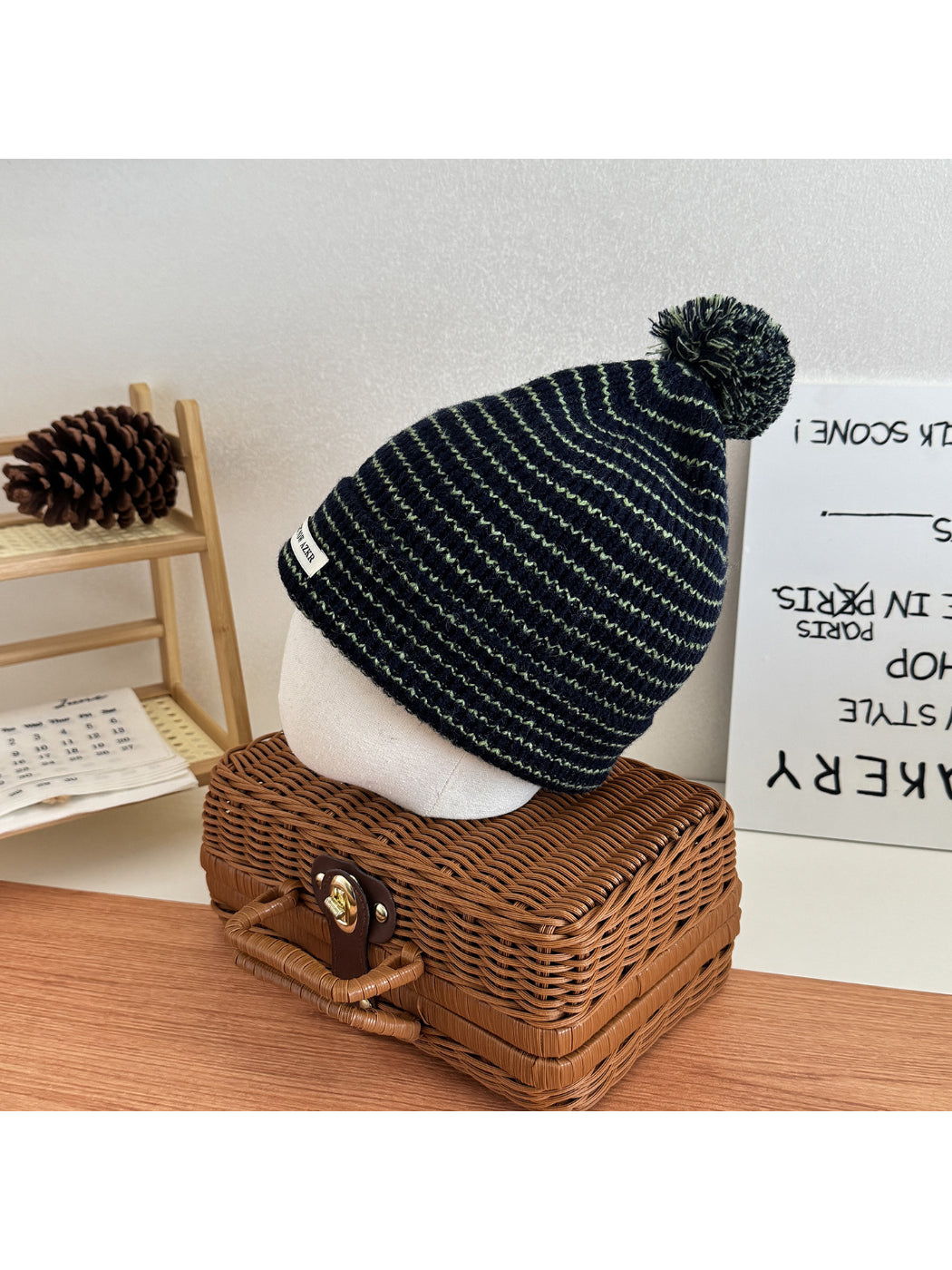 Haila - Wavy Stripe Fuzzy Folded Cuff Pom-Pom Beanie