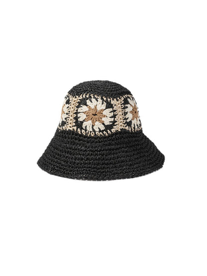 Side view of Haila beige bucket hat with colorful crochet flower patch