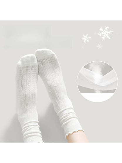 Rufia - Solid Color Ruffle Openwork Casual Crew Socks