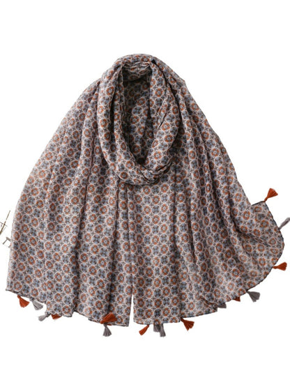Vintage micro floral fringe scarf in soft pastel colors displayed flat