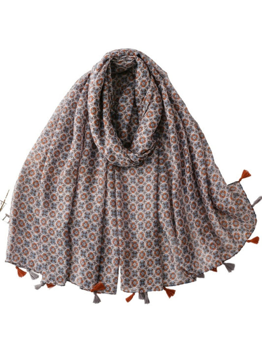 Vintage micro floral fringe scarf in soft pastel colors displayed flat