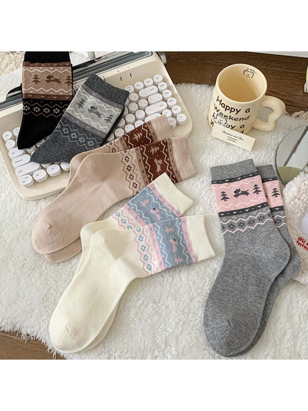 Rufia - Puppy Dog Pattern Cute Mid-Calf Socks