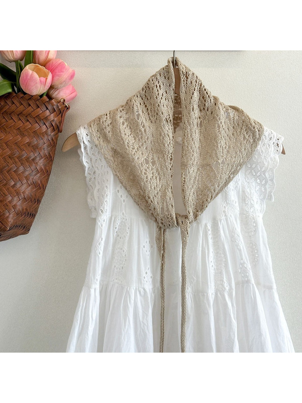 Scarvii - Lace Knit Triangle Scarf with Beaded Ties