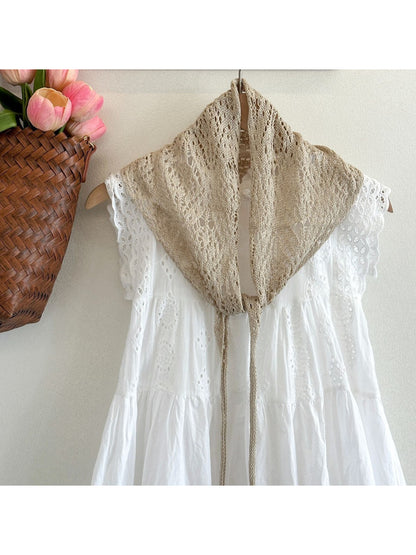 Scarvii - Lace Knit Triangle Scarf with Beaded Ties