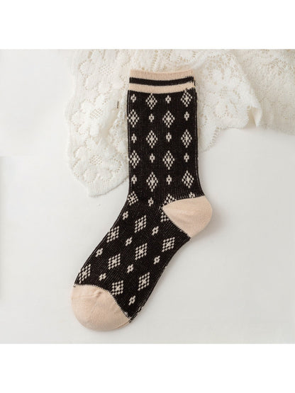 Rufia - Retro Khaki Geometric Pattern Crew Socks
