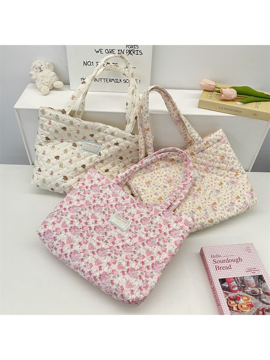 Cosbai - Floral Quilted Tote Bag with Cartoon Pattern