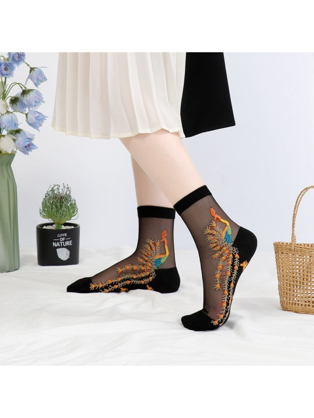 Rufia - Sheer Peacock Embroidery Socks