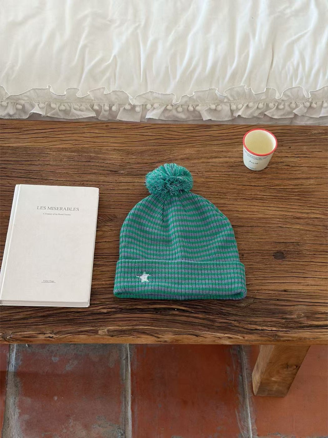 Haila - Striped Ribbed Pom Pom Beanie