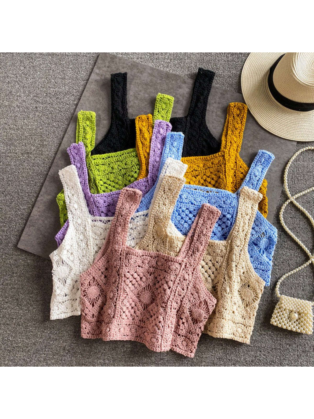 Model wearing Crosa vintage crochet camisole tank top with casual outfit