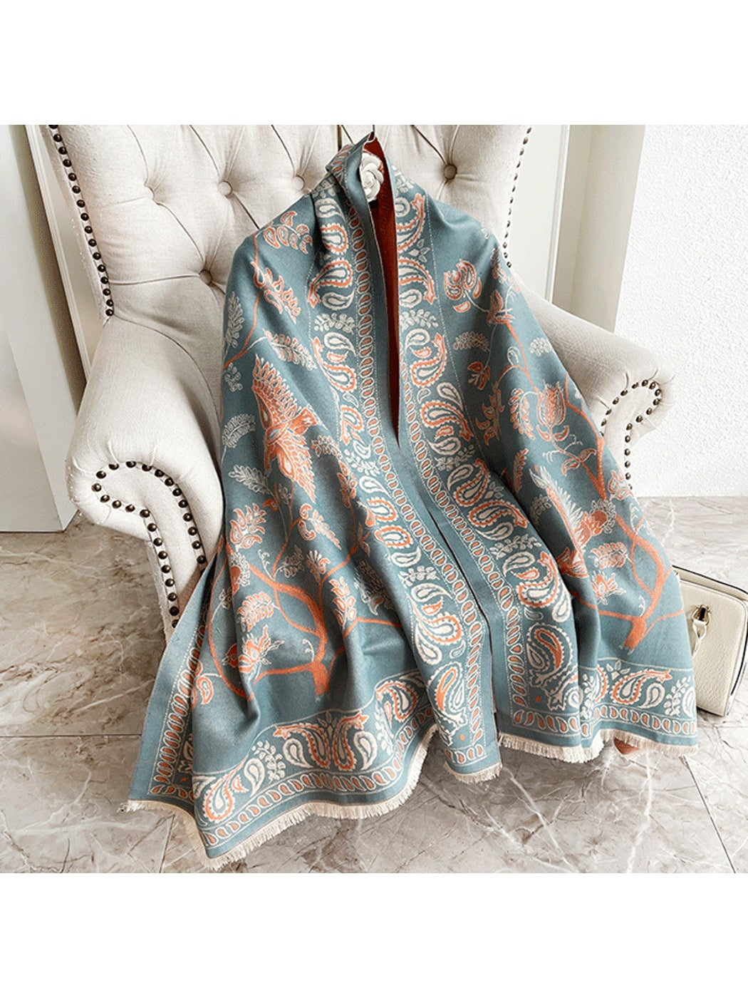 Scarvii - Printed Bird and Paisley Fringed Scarf