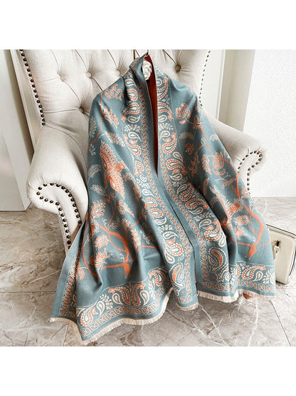 Scarvii - Printed Bird and Paisley Fringed Scarf