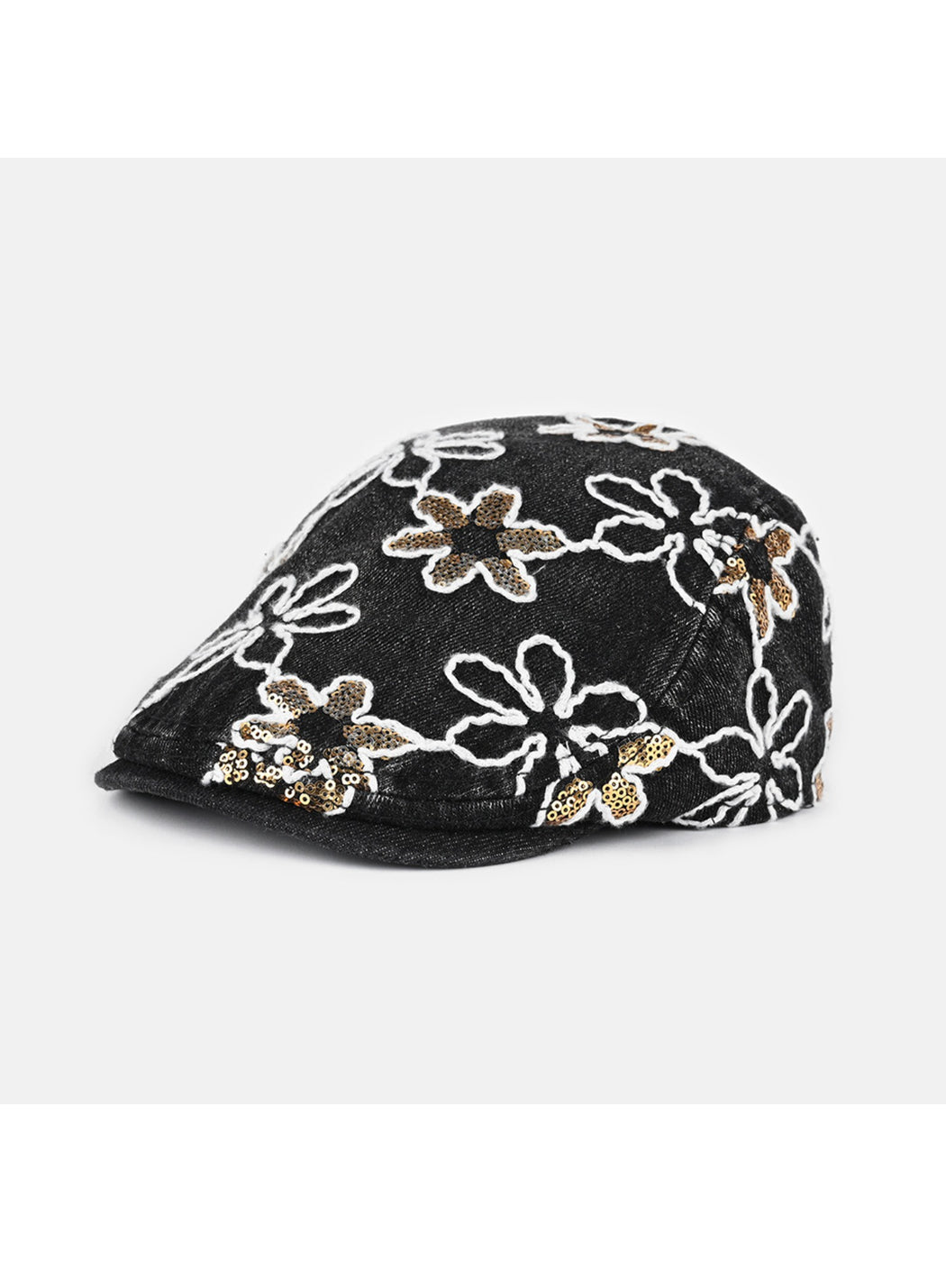 Haila floral sequin vintage newsboy cap worn on a mannequin head