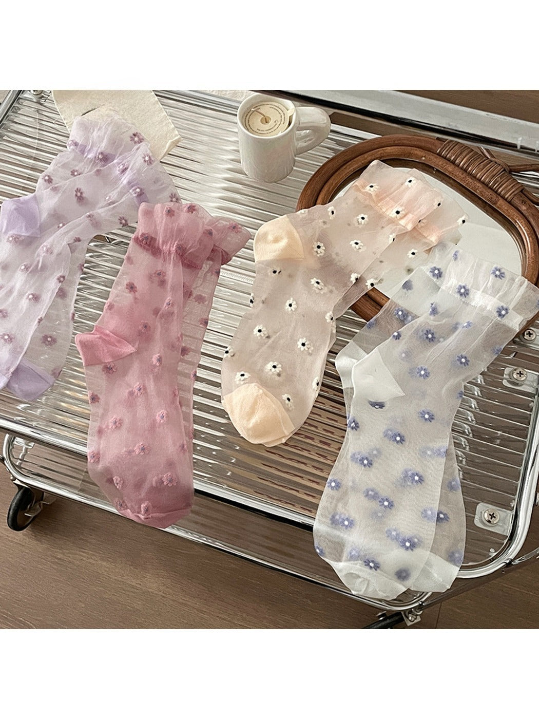 Rufia - Floral Pattern Sheer Crew Socks