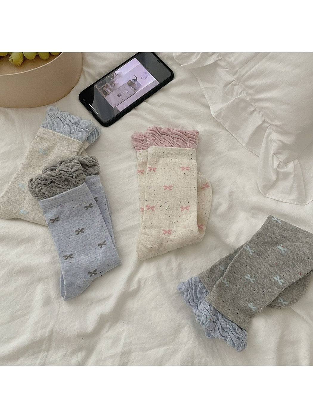 Rufia - Bow Pattern Ruffle Cuff Casual Crew Socks