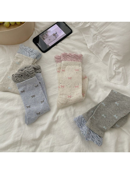 Rufia - Bow Pattern Ruffle Cuff Casual Crew Socks