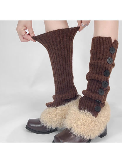 Cozyra - Ribbed Button Accent Mid-Calf Leg Warmer