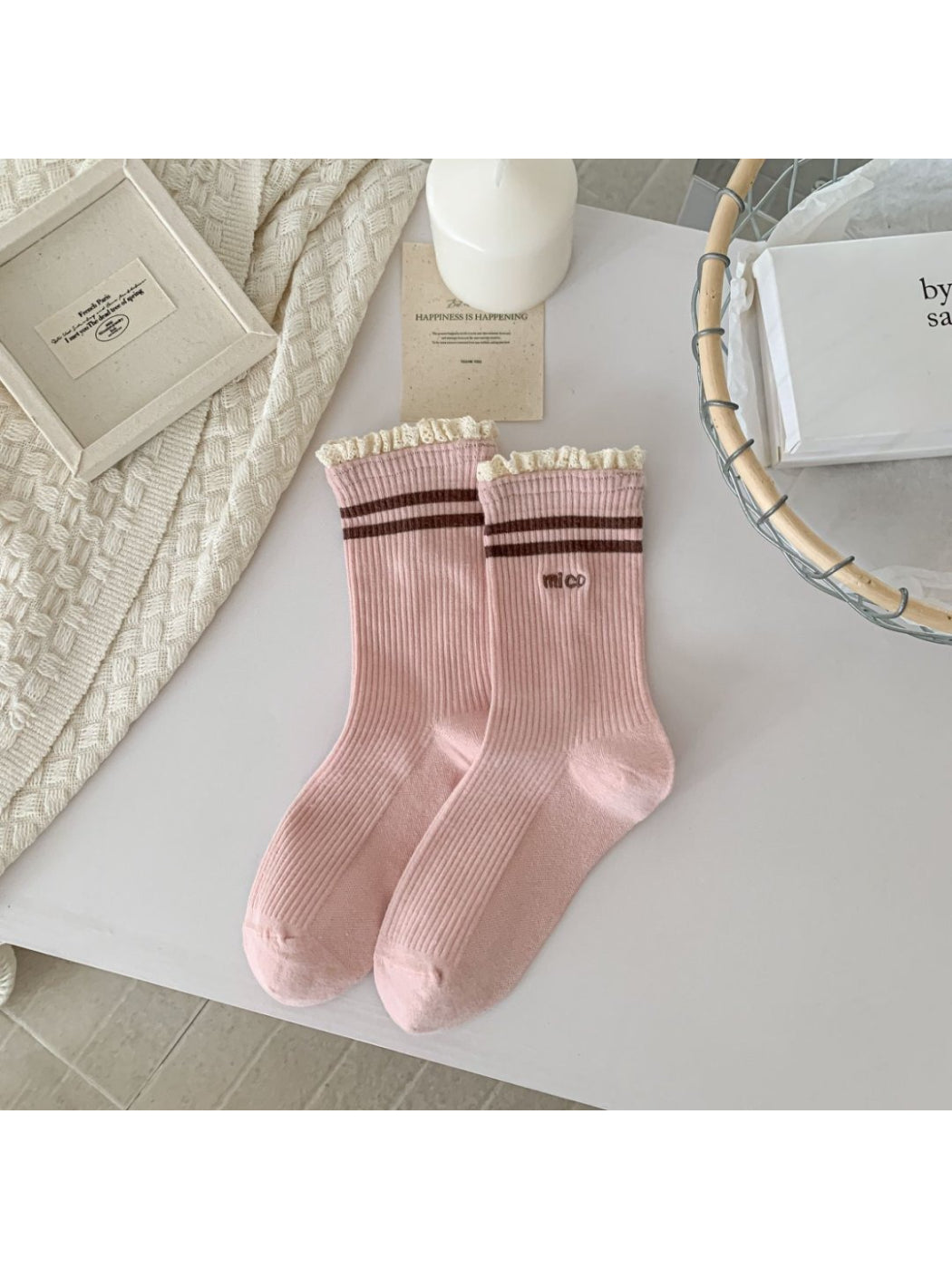 Rufia - Lace Trim Stripe Ribbed Crew Socks