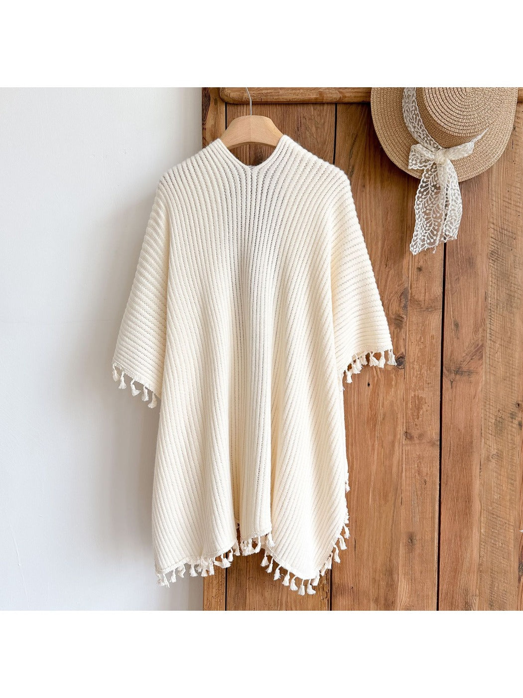 Scarvii - Beige Openwork Tassels Design Shawl