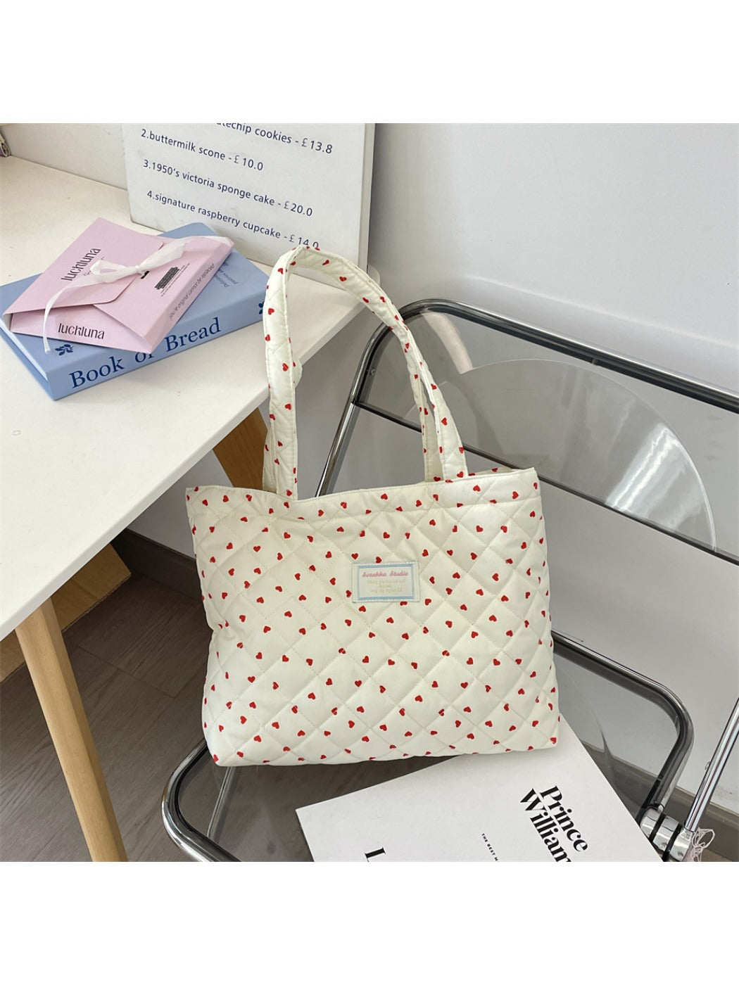 Cosbai - Tote Bag with Heart & Plaid Pattern