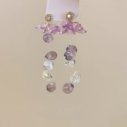 Earwish - Purple Floral & Long Beaded Fringe Earrings - Delicate